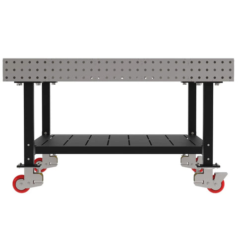 Heavy Duty Mobile Welding Fixture Table with laser cut steel surface and locking caster wheels, 60X60X36 inch, built-in shelf.