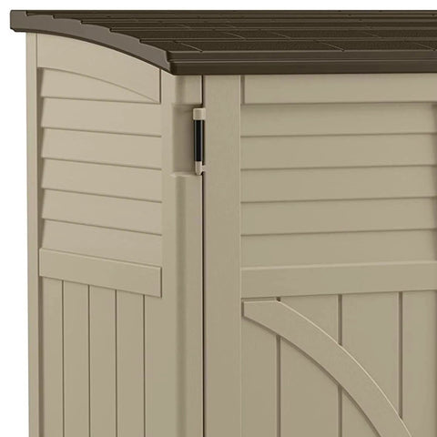 Detailed view of lockable sand and slate resin finish on the Horizontal Outdoor Storage Shed For Trash Cans And Gear, Compact 34 Cu Ft Capacity.