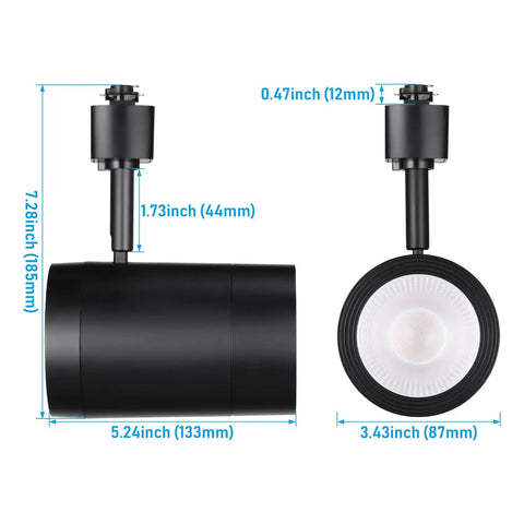 Flexible H Track Lighting Heads For Retail, 17.5W LED, Dimmable, CRI90, Matte Black Finish, dimensions view, Pack Of 4