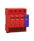 Front view of Beefed Up 3 Plus 1 Surge Protector for DIN Rail Mount 385V 40kA, showing red unit with labels YDF40-385 and YDF40-255.