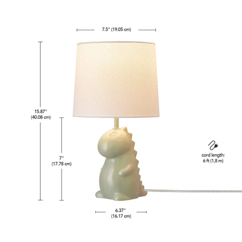 Tommy Dinosaur 16 Inch Ceramic Table Lamp in Green with White Cotton Shade Kid Friendly Nightstand Light for Kids Room
