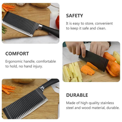 Ciieeo stainless steel crinkle potato cutter with black handle, wavy blade for French fries and scalloped potatoes.