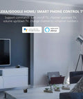 Smart home living room with RM4 Mini IR Universal Remote Control and 2.4 GHz WiFi Hub for TV control using Alexa and Google Home.