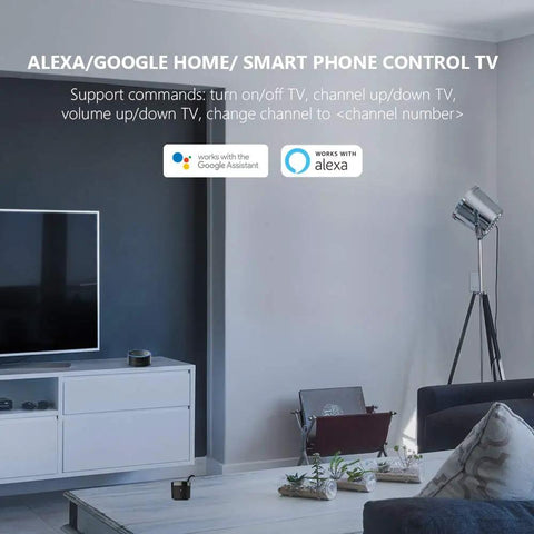 Smart home living room with RM4 Mini IR Universal Remote Control and 2.4 GHz WiFi Hub for TV control using Alexa and Google Home.