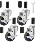 Smooth Rolling Heavy Duty Prep Table Wheels Set Of 4 Expanding Stem Casters with brakes and adapters for 7/8 to 1 inch legs.