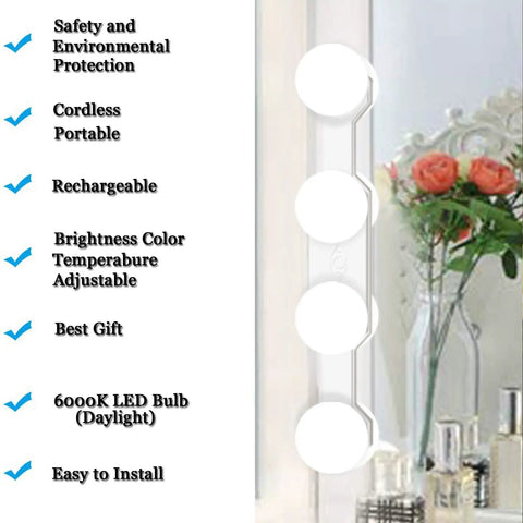 Cordless Rechargeable LED Vanity Mirror Light With 6500K Daylight Bulbs for bathroom makeup with roses and perfumes.