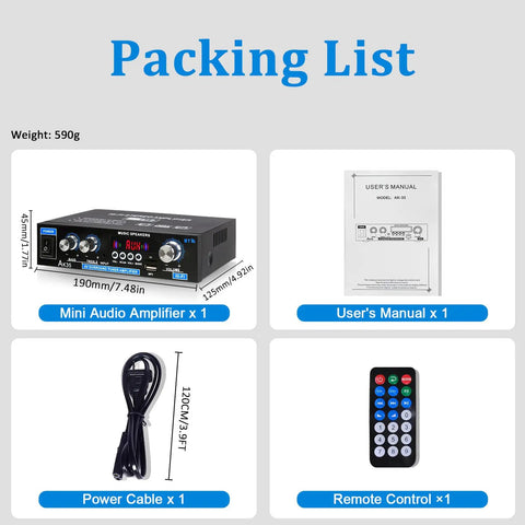 Packing list showing Compact Stereo Amplifier With Bluetooth 5.0 And 2 Channel Output, user's manual, remote, and power cable.