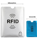 RFID Blocking Credit Card Sleeves Set With 24 Pack In 12 Colors And 4 Passport Protectors, silver and blue sleeves with dimensions