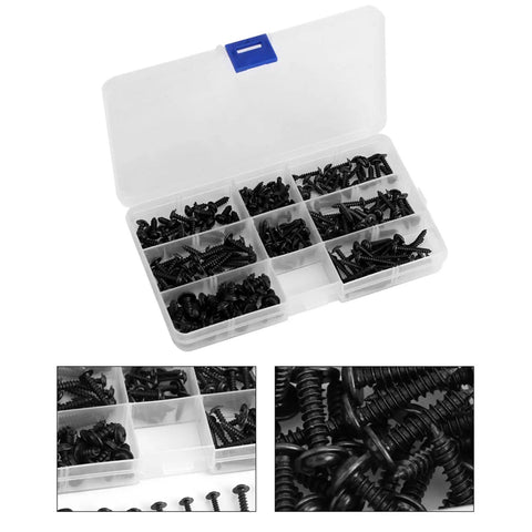 Pro Grade 200 Pcs Carbon Steel Self Tapping Screws Kit With Black Round Head Assortment in a handy plastic case