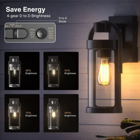 Motion Sensor Outdoor Wall Light With Three Lighting Modes For Porch And Exterior Use Black Dusk To Dawn Wall Mount Lantern Style Lighting For House Garage And Entryway Bulb Not Included showing adjustable brightness levels and energy-saving features.
