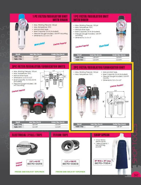 1/8 NPT Filter Regulator Lubricator 2 Piece FRL with Clear Bowl Manual Drain Pressure Gauge on product catalog page