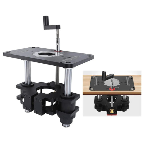 Top Shelf Router Lift Kit With Slick Crank Handle And Dead Tight Fine Tune Adjustment For Woodworking Shop Upgrade Aluminum Frame shown with two insert rings.
