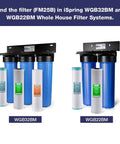Whole House Water Filter Cartridge FM25B Iron And Manganese Reduction WGB32BM WGB22BM systems with filters and cartridges shown