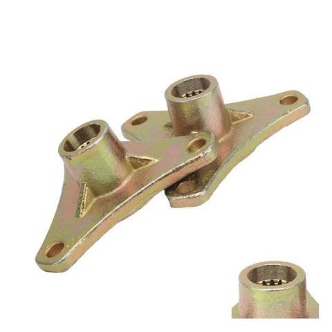 Heavy Duty Steel Alloy Rear Axle Hub Featuring Rock Solid 17T Spline Drive And Three Stud Setup For Off Road Quad Bike And Go Kart Builds With Golden Abrasion Resistant Coating Built Tough As Nails In A Pair, showcasing detailed angled view.