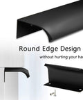 Back Mount Finger Edge Pull 80mm Black Aluminum Alloy Hidden Concealed Tab Handle for Cabinets and Doors with screws, round edge design.