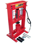 20 Ton Air Hydraulic Can Crusher And Shop Press For Auto Oil Filter Service, Heavy Duty 40,000 Lb Capacity, red metal frame.