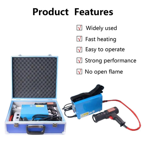 Mini Handheld Electromagnetic Induction Heater 1500W Flameless Bolt Remover in a blue case showing features list.