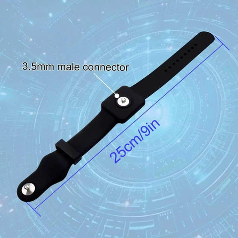 Anti Static Wrist Strap For ESD Grounding 9 Inch Adjustable Button Style Conductive Silicone Wristband Ready For DIY Electronics Repair And Assembly With Snap Connector Compatibility Black showcasing 3.5mm connector