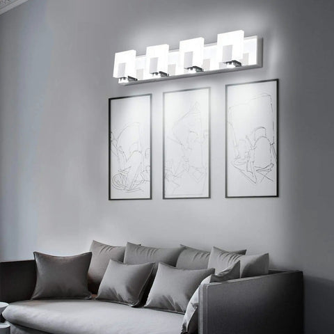 Over Mirror Vanity Lights Three Light Modern Chrome Fixture for Bathroom with Acrylic Shade above framed artwork