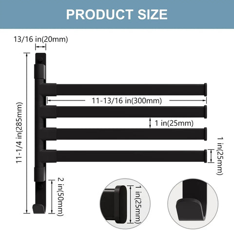 Diagram showing dimensions of Swivel Wall Mounted Towel Rack With Four Rotating Arms Black Rustproof Towel Bar For Bathroom