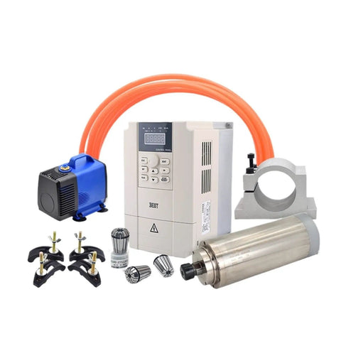 Heavy Hitter 6KW Water Cooled CNC Spindle Motor With Dual Voltage Inverter For Routers And Milling Machines Shop Ready ER25 Collet Setup with accessories.