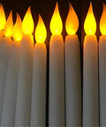 Set Of 12 Remote Flameless LED Taper Candles With Yellow Flicker Light Realistic White Plastic Candlesticks 11 Inch Tall