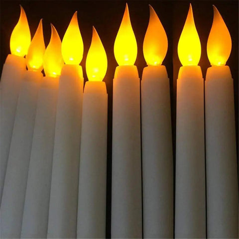 Set Of 12 Remote Flameless LED Taper Candles With Yellow Flicker Light Realistic White Plastic Candlesticks 11 Inch Tall