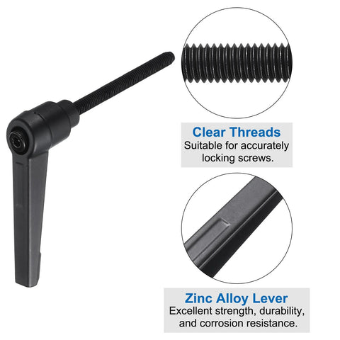 4 Piece Lever Adjustable Handles M5 By 50mm Metric Male Thread With Nuts and Washers, close-up with clear threads and zinc alloy lever