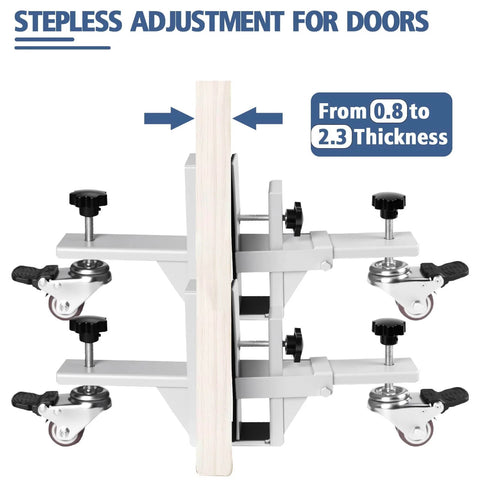 Heavy Duty Door Moving Kit With Dual Wheel Dolly, Adjustable From 0.8 To 2.3 Inches, Silver, shown side view with door.