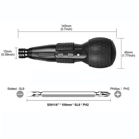 3.6V Cordless Screwdriver With Ultra Strong Magnetic Bit 2-In-1 Manual And Auto dimensions and interchangeable bits