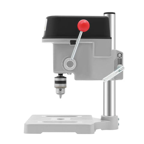 Rock Solid 340W Portable Bench Drill Press With Slick 3 Speed Control Pure Copper Motor, front view with drill bit and base.