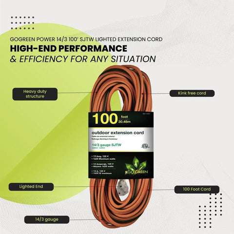 Heavy Duty Outdoor Extension Cord 100 Ft 14-3 SJTW Contractor Grade Power Cable For Outdoor Tools And Equipment, Moisture Resistant, Abrasion Resistant, Weatherproof And Built To Last