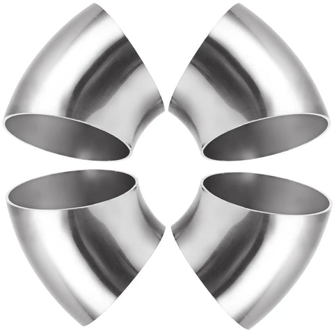 Four Pack 2.5 Inch 45 Degree Exhaust Elbow Pipe Slick 304 Stainless Steel Heavy Duty Mandrel Bend Tailpiece viewed from above.