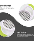 Potato cutter front and close-up views showing stainless steel grid blades and white lime-green handle.