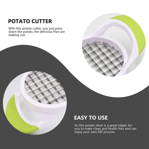 Potato cutter front and close-up views showing stainless steel grid blades and white lime-green handle.