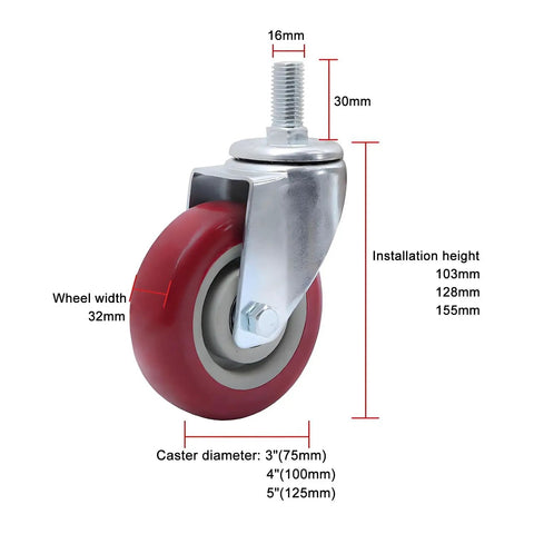 Heavy Duty Swivel Caster Wheels With Dual Locking Brake For Furniture And Workbenches, M Threaded Stem, Quiet PU Castors size details