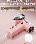 Punomo Cordless Electric Box Cutter With Rechargeable All Copper Motor For Quick Smooth Cutting Of Cardboard Leather Plastic Canvas Carpet And Wallpaper Up To Quarter Inch Thick Versatile Heavy Duty Tool in pink, showing Type-C charging and battery indicators.