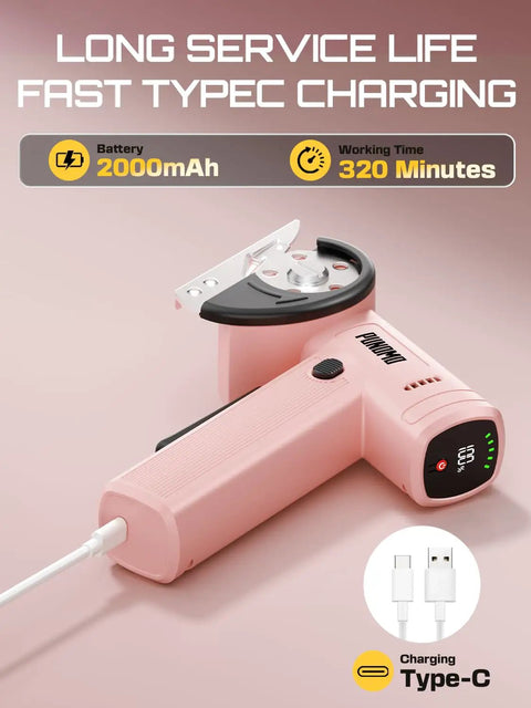 Punomo Cordless Electric Box Cutter With Rechargeable All Copper Motor For Quick Smooth Cutting Of Cardboard Leather Plastic Canvas Carpet And Wallpaper Up To Quarter Inch Thick Versatile Heavy Duty Tool in pink, showing Type-C charging and battery indicators.
