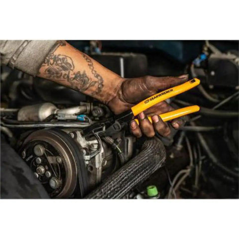 Mechanic using Six Piece Dipped Mixed Material Pliers Set With High Leverage Joint For Pro Grade Thirty Five Percent More Cutting Power