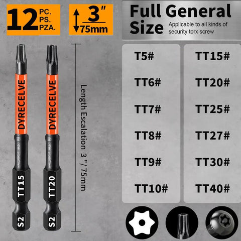 Badass Security Torx Bit Set With Heavy Duty Magnetic Grip And Impact Ready Steel Construction Featuring Three Inch Extended Reach Star Tips For T5 To T40 Jobs overview showing sizes and profiles.
