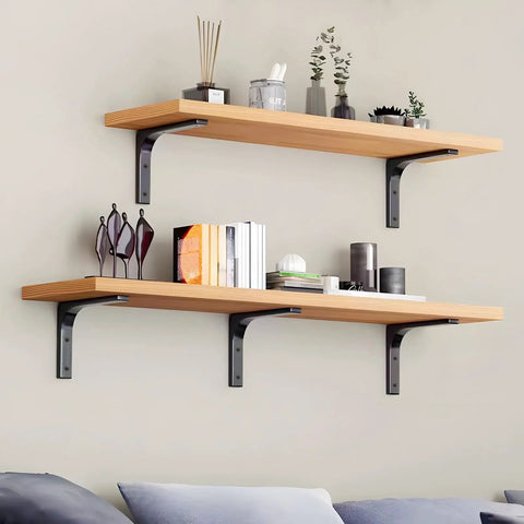 Rock Solid Metal Shelf Brackets Four Inch Square Design With Heavy Duty Wall Mounting Hardware Easy Peasy Installation For Countertops And Floating Shelves Built Tough And Ready To Install, supporting wooden shelves with decor.