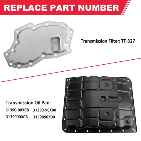 Durable Transmission Oil Pan With Drain Plug And Automatic Transmission Filter Kit Ready To Install For Nissan Armada Frontier Pathfinder Titan Replaces TF-327 31390-90X0B 31390-90X00 Direct OEM-Equivalent Replacement Easy Bolt-On Upgrade parts display