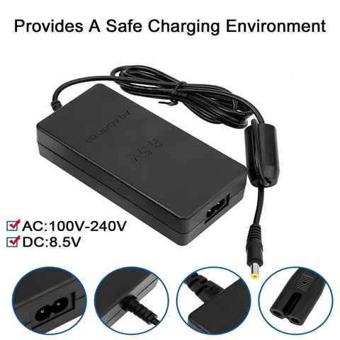 PS2 Slim 70000 Power Adapter Charger Kit With AV Cable, AC Cable And AV Cord Bundle showing power adapter with input details