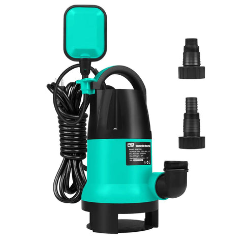 1HP Submersible Sump Pump With 3700GPH Flow, Auto Float Switch, shown with three outlet sizes and coiled cord.