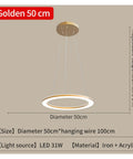 Kitchen LED s for Dining Room Modern Lights for Living Room Golden Circle Pendant Lights Home Design Lighting Indoor, Golden 50 cm, Iron and Acrylic.