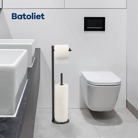 Free Standing Black Toilet Paper Holder Stand With Reserve Storage Space Saving Bathroom Roll Holder in modern bathroom setting.