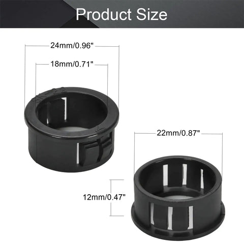 100 Pcs 22mm Snap Bushing Grommet Set SK22 Black Nylon Cable Hose Shield with size dimensions displayed