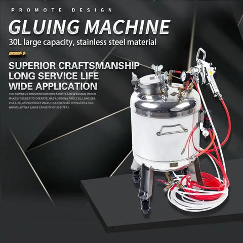 Built Rock Solid 30 Liter Stainless Steel Air Spray Gun With Precision Pressure Gauge And Auto Safety Valve Zero Sweat Industrial Adhesive Coating Delivers Top Shelf Performance Featuring 1.5 MM And 1.8 MM Nozzles Plus Eight Meter Hose Kit, showing a stainless steel spray gun with hoses.