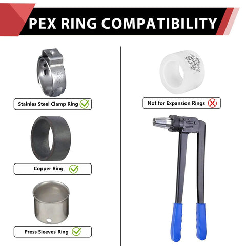 Compatibility chart showing rings and tool for Bulk Pack Of 5 Pex Reducing Tee Brass Barb Crimp Fittings For Pex Tubing.