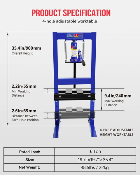 Front view of a 6 Ton Hydraulic Shop Press With Stamping Plates For Auto Repairs And Heavy Duty Bending And Straightening Bearings And U Joints On A Rugged Carbon Steel H Frame Ideal For Garage Floor Projects And Consistent Rebound.